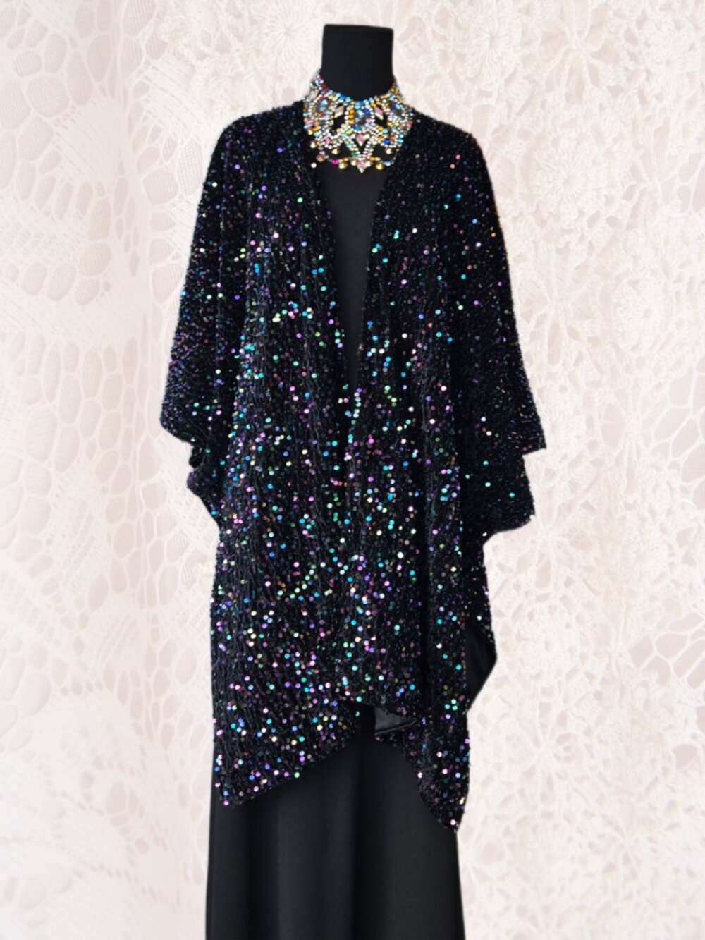 Torrid Black Velvet Iridescent Sequin Open Front Kimono Wrap Glam Party Evening
